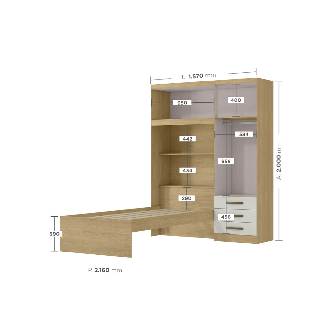 Guarda-Roupa Solteiro Com Cama 4 Portas MX Móveis Lisboa Havana/Off White Guarda-Roupa Solteiro Com Cama 4 Portas MX Móveis Lisboa Havana/Off White