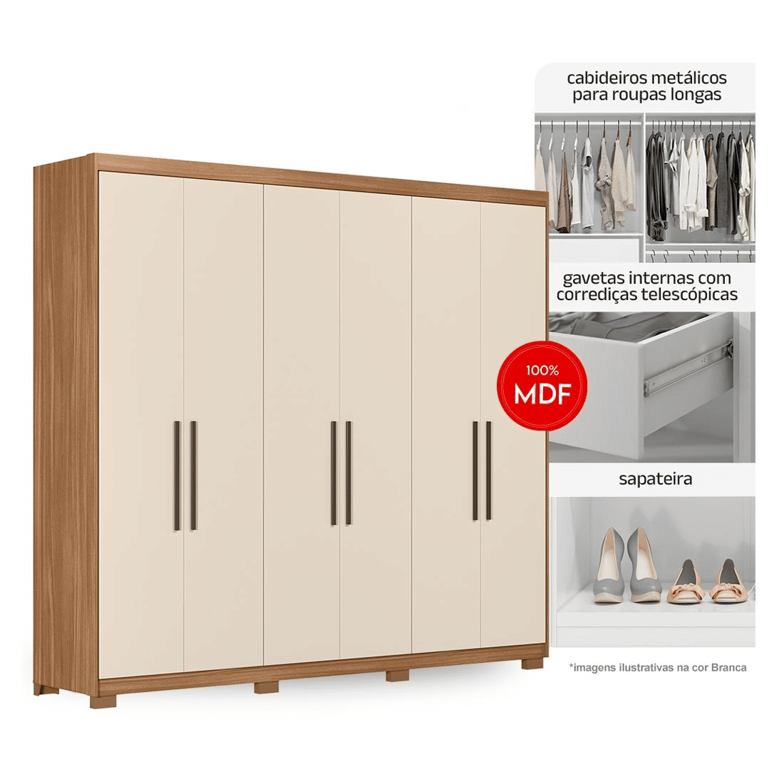 Guarda-Roupa Venice 6 Portas 100% MDF Demóbile - Amendoa/off White Guarda-Roupa Venice 6 Portas 100% MDF Demóbile - Amendoa/off White