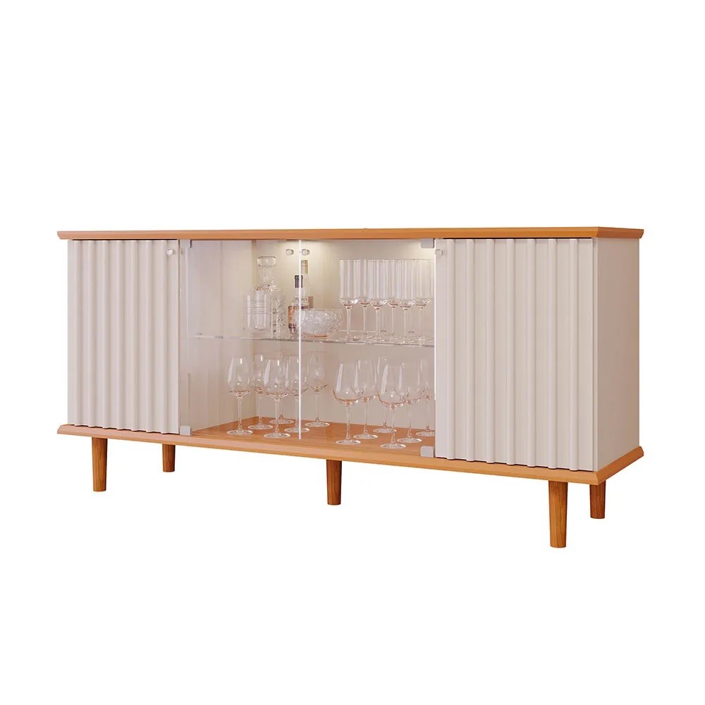 Buffet Aparador 4 portas 100% MDF, com Vidro Temperado Janice Cimol Cinamomo/Off White 