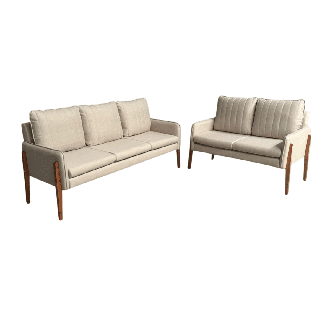 Conjunto Sofá Fã 2 e 3 Lugares Design Contemporâneo Espuma D28 Pés Madeira - Linho Bege