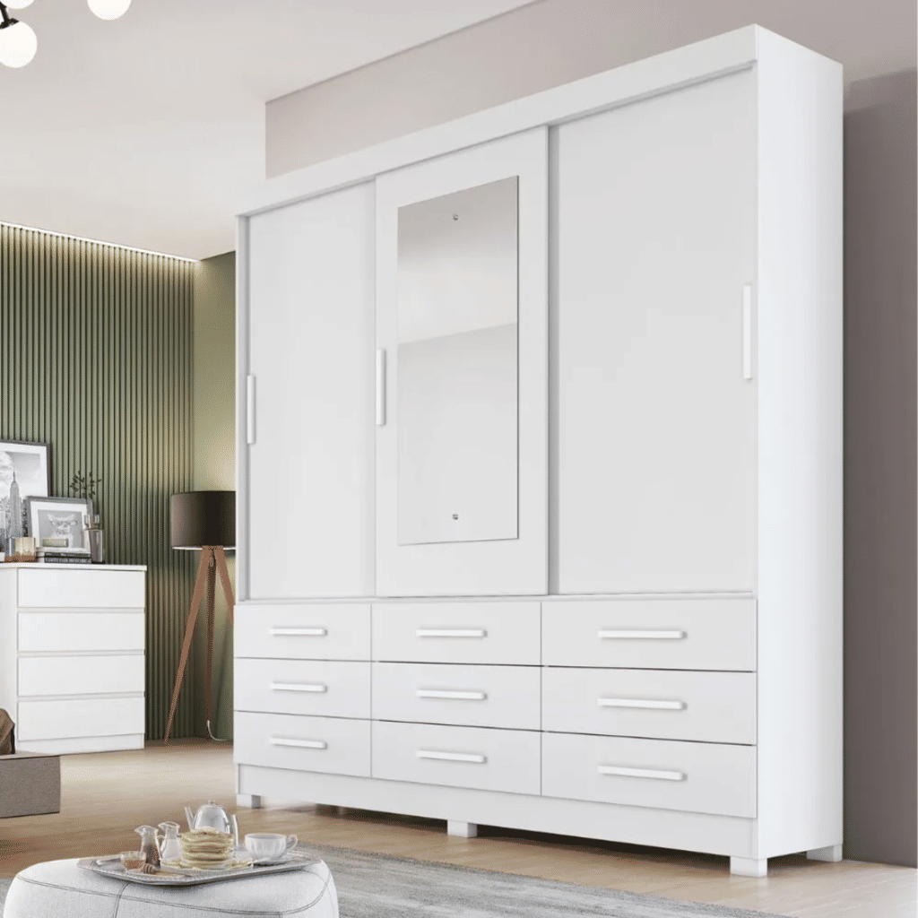 Guarda Roupa Casal com Espelho 3 Portas 9 Gavetas Buriti Branco - Novo Horizonte Guarda Roupa Casal com Espelho 3 Portas 9 Gavetas Buriti Branco - Novo Horizonte