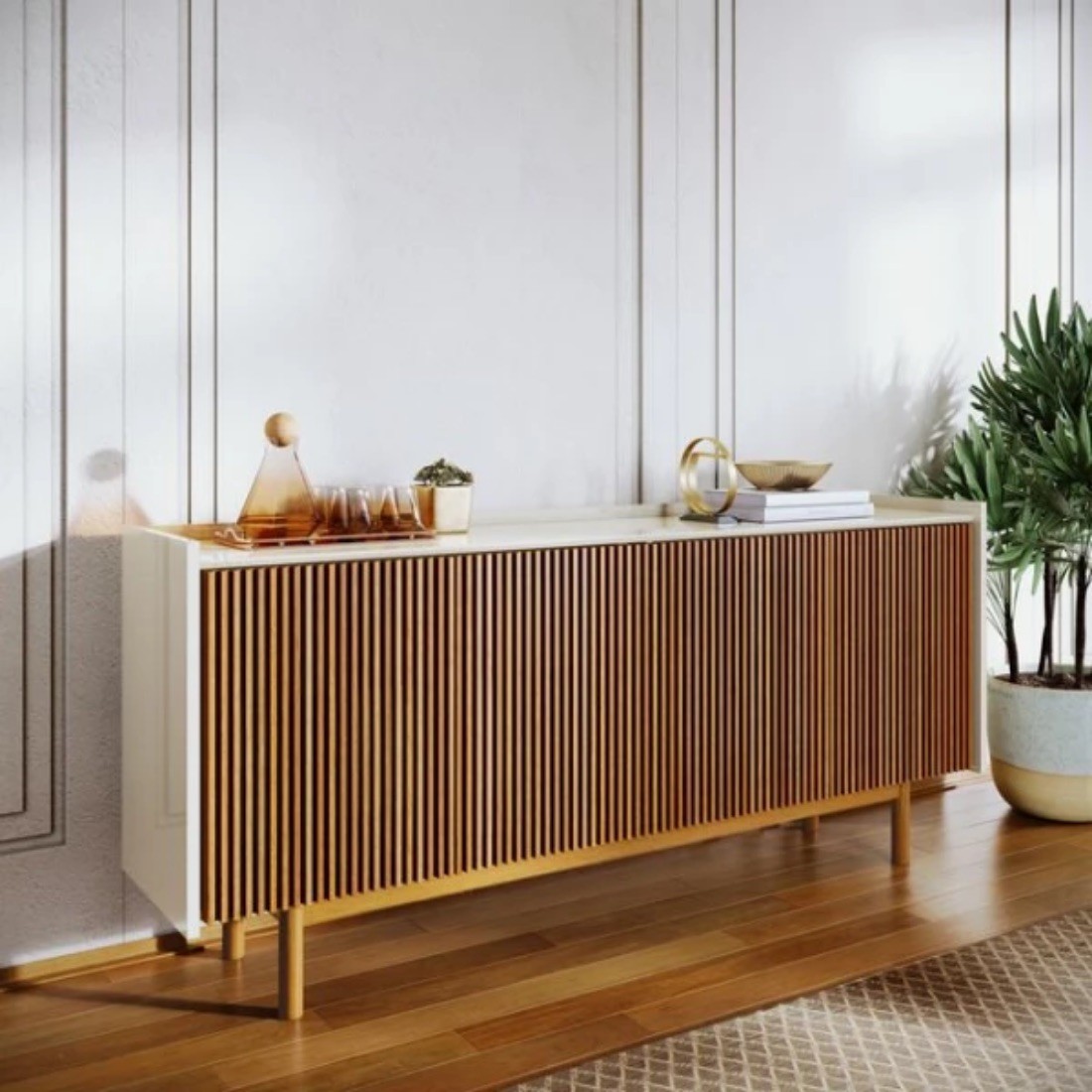 Buffet Dune 4P 1.8m Ripado Imcal Off WHite 4 Portas Fecho Toque Madeira Maciça Gaveta Interna Dobradiças Amortecedor