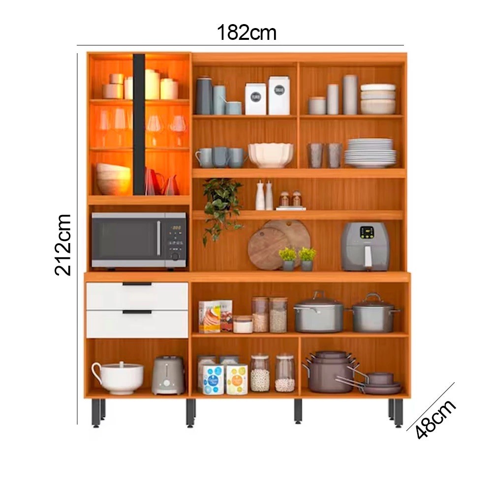 Kit Cozinha Murano 7 Portas 2 Gavetas Poliman 182cm - Freijo/Off Acetinado