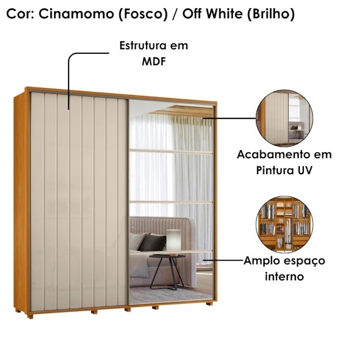 Guarda-Roupa Casal Monet 2 Portas de Correr e 4 Gavetas 100% MDF Madetec - Cinamomo/Off White