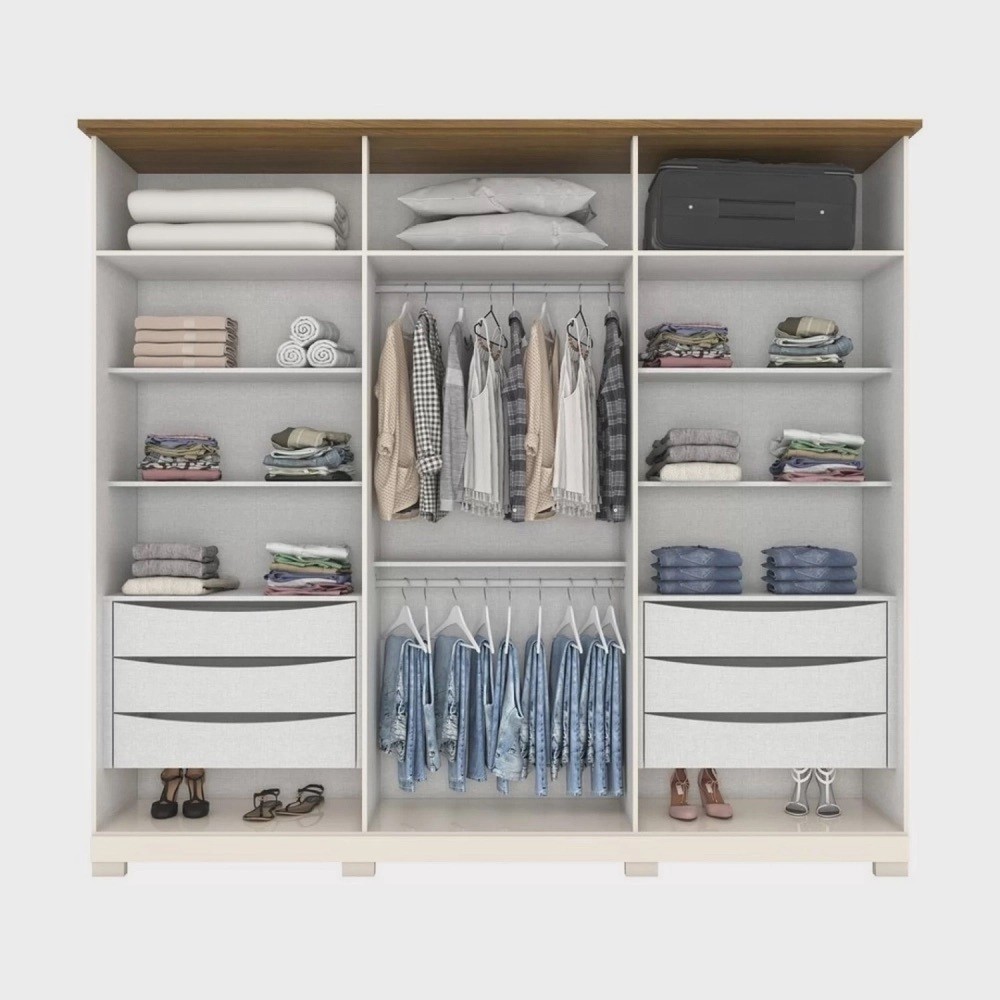 Guarda-roupa Casal com Espelho Napoli 6 Portas Off White/Nature - Henn Guarda-roupa Casal com Espelho Napoli 6 Portas Off White/Nature - Henn