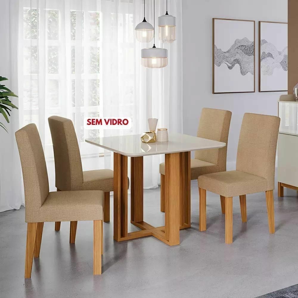 Conjunto Mesa Flora 94X94 Quadrada Sem Vidro com 4 Cadeiras Cimol Nature/Off White Conjunto Mesa Flora 94X94 Quadrada Sem Vidro com 4 Cadeiras Cimol Nature/Off White