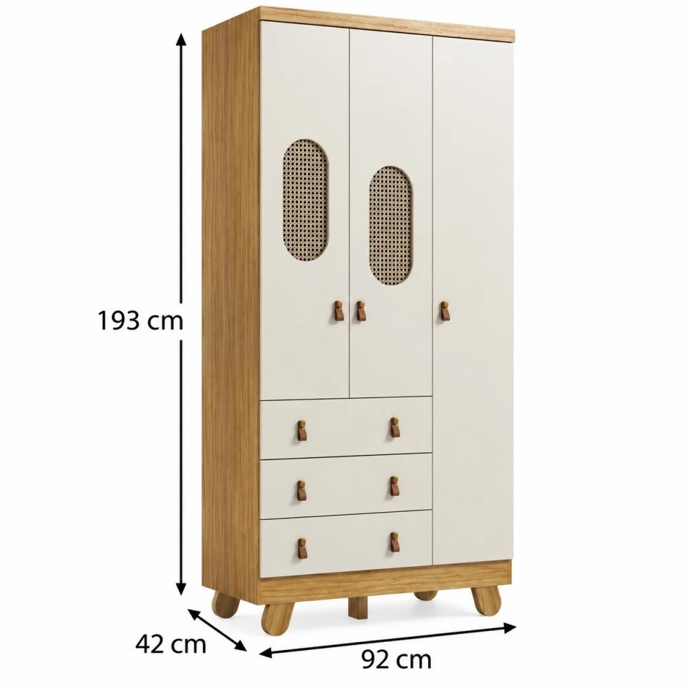 Guarda-roupa 3 Portas Abrir 100% MDF 3 Gavetas Peroba Pingo New Tela - Amêndoa/Off White