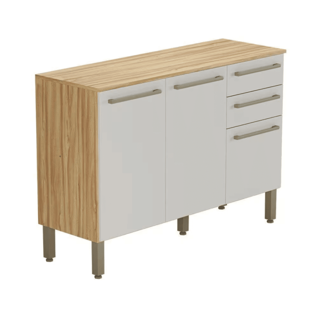 Balcão de Cozinha com Tampo em MDF 3 Portas 2 Gavetas Ronipa Carmenere 120cm Amendoa/Off White Balcão de Cozinha com Tampo em MDF 3 Portas 2 Gavetas Ronipa Carmenere 120cm Amendoa/Off White