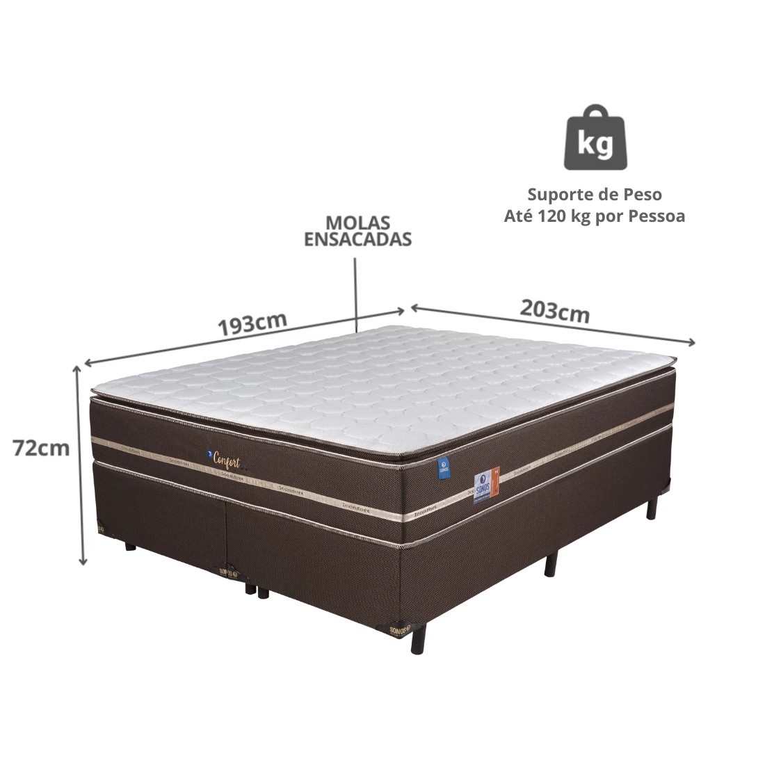 Conjunto Base Box + Colchão Molas Ensacadas King Size 193x203x62 Sonos Confort In Brown Conjunto Base Box + Colchão Molas Ensacadas King Size 193x203x62 Sonos Confort In Brown