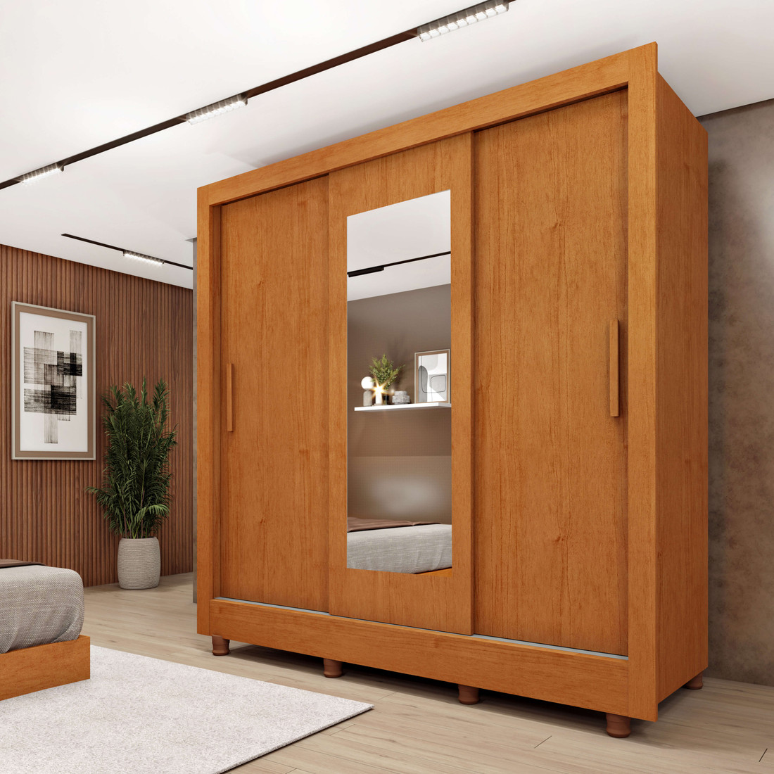 Guarda-Roupa 3P. Correr 4G TCIL Vitoria c/Espelho c/Pés Cinamomo/Off White