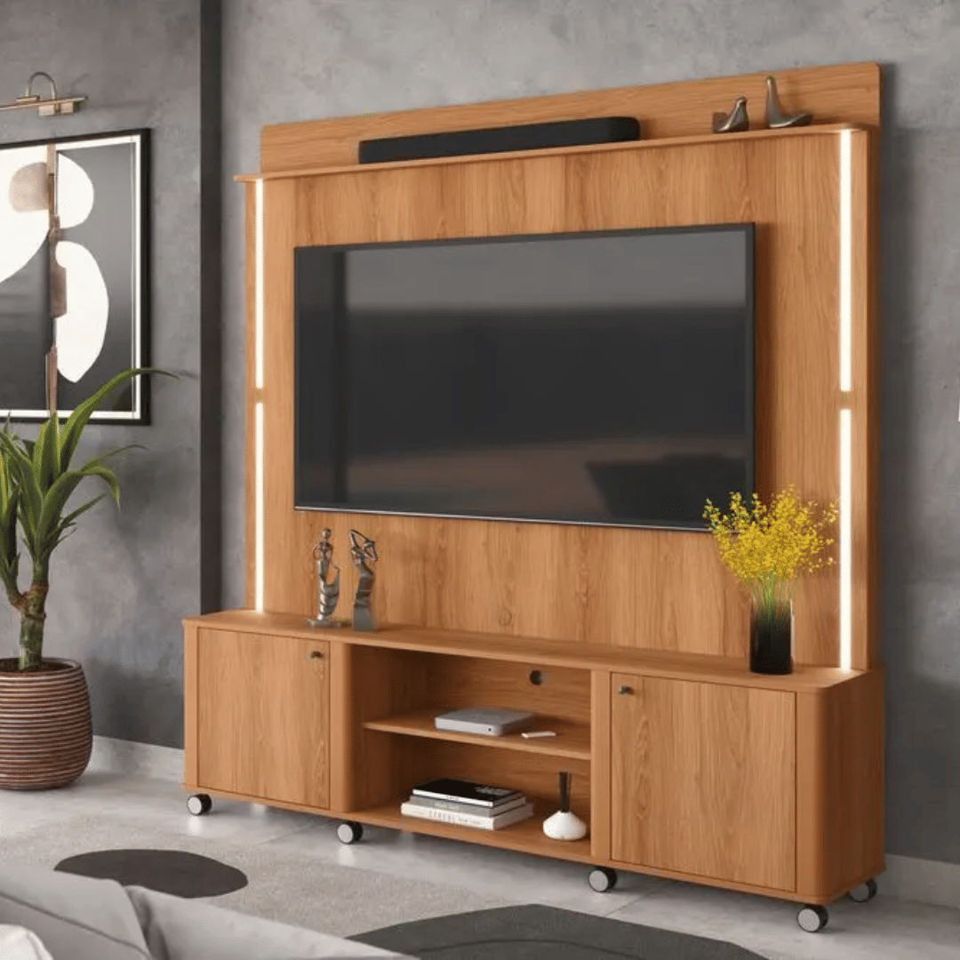 Estante Home Para TV 75 Polegadas com LED e Rodízios Lukaliam Florença Jequitiba Estante Home Para TV 75 Polegadas com LED e Rodízios Lukaliam Florença Jequitiba