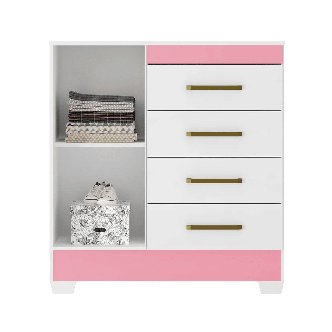 Cômoda Montevideu com 4 Gavetas e 1 Porta Demobile Branco/Branco/Rosa Cômoda Montevideu com 4 Gavetas e 1 Porta Demobile Branco/Branco/Rosa
