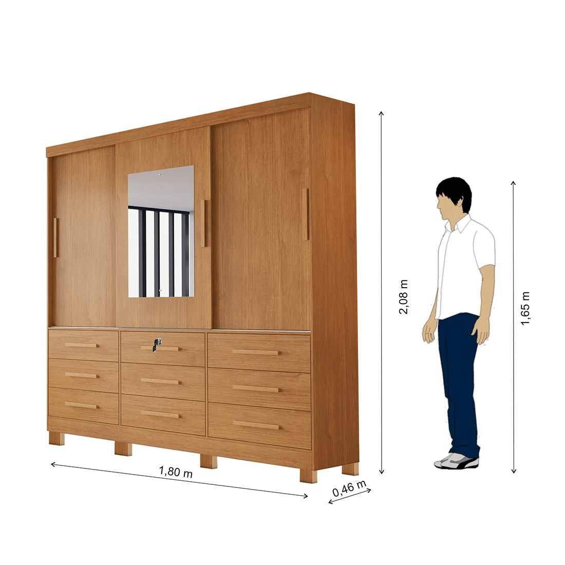 Guarda-Roupa Casal Athenas com Espelho 3 Portas 9 Gavetas Nature - Bianchi