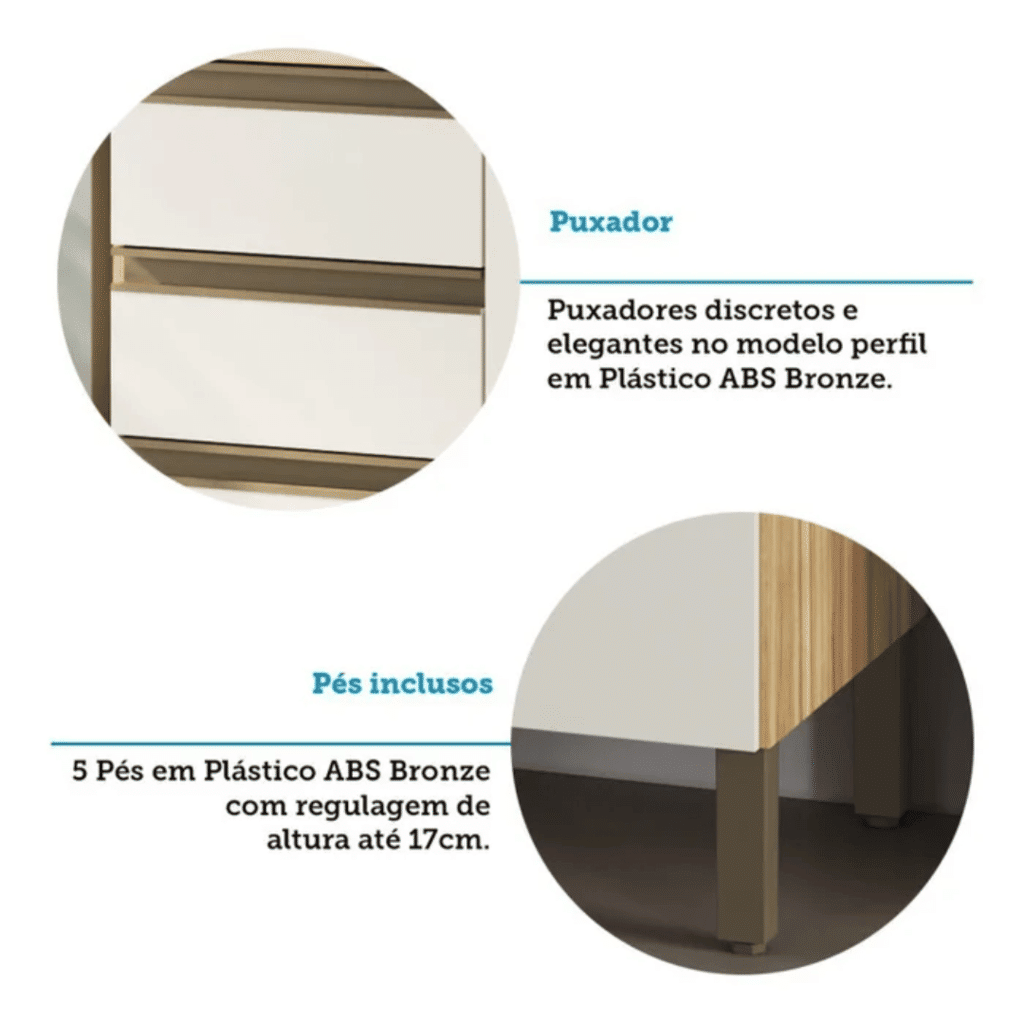 Balcão de Cozinha com Tampo 3 Portas 2 Gavetas em MDF Ronipa Chardonnay Amendoa/Off White Balcão de Cozinha com Tampo 3 Portas 2 Gavetas em MDF Ronipa Chardonnay Amendoa/Off White