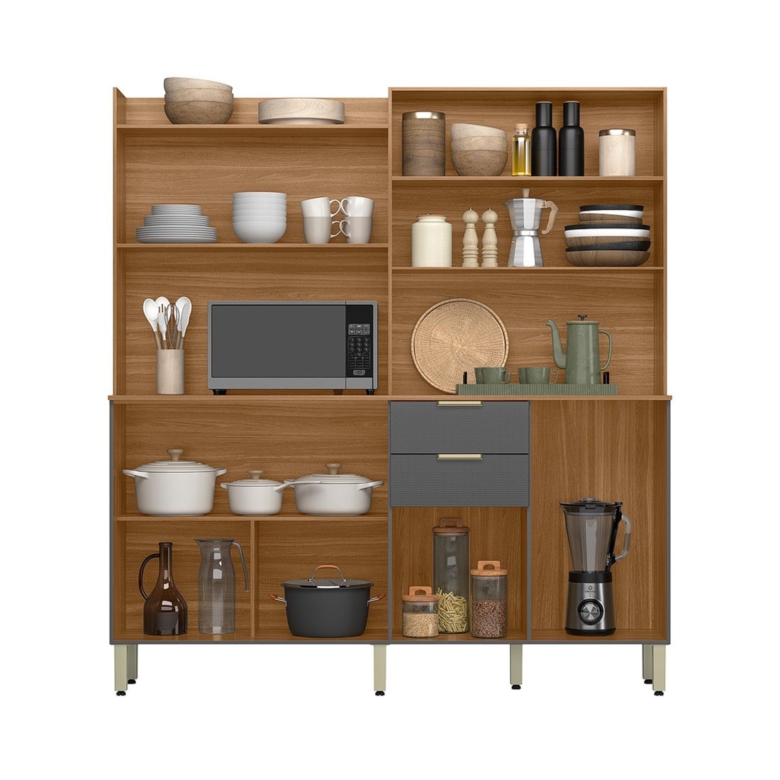 Kit Cozinha Compacta Pitaya 07 Portas e 2 Gavetas Demóbile - Amendoa/Grafito Texturado Kit Cozinha Compacta Pitaya 07 Portas e 2 Gavetas Demóbile - Amendoa/Grafito Texturado