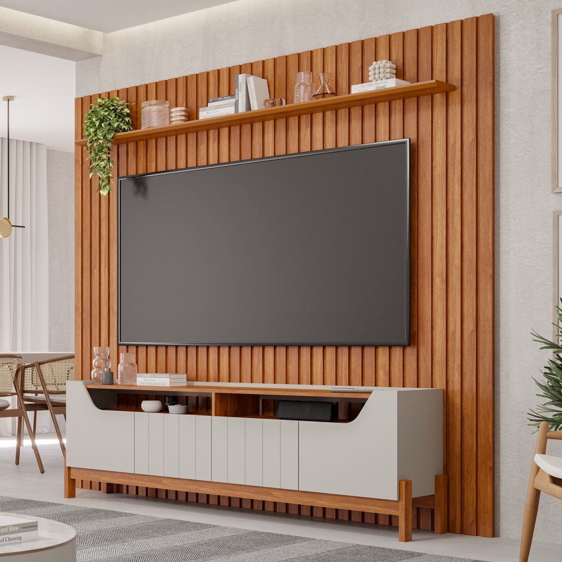 Rack com Painel 2.3 Ripado para TV 75 Polegadas 100% MDF Permóbili Moema Off White/Cinamomo Rack com Painel 2.3 Ripado para TV 75 Polegadas 100% MDF Permóbili Moema Off White/Cinamomo