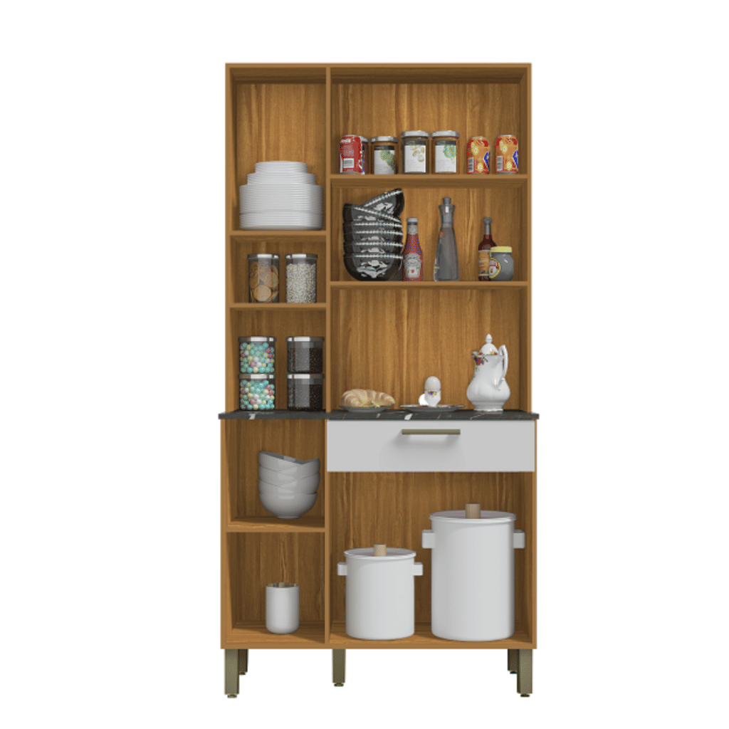 Armário de Cozinha Kit 6 Portas 1 Gaveta em MDF  Ronipa Tannat Amendoa/Branco Armário de Cozinha Kit 6 Portas 1 Gaveta em MDF  Ronipa Tannat Amendoa/Branco