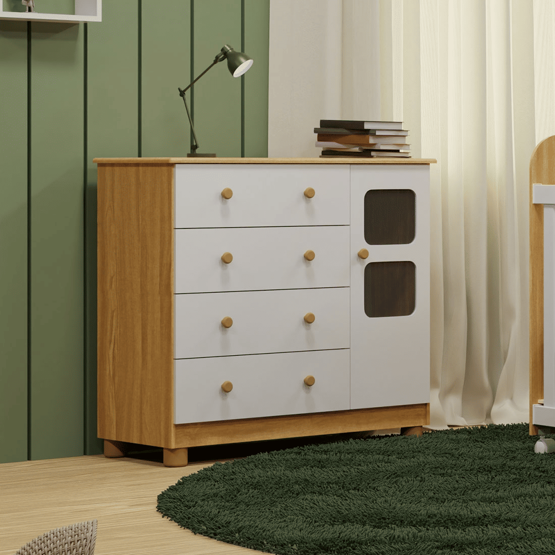 Cômoda Uli 100% MDF, 1 porta e 4 Gavetas Branco/Amendoa - Peroba 