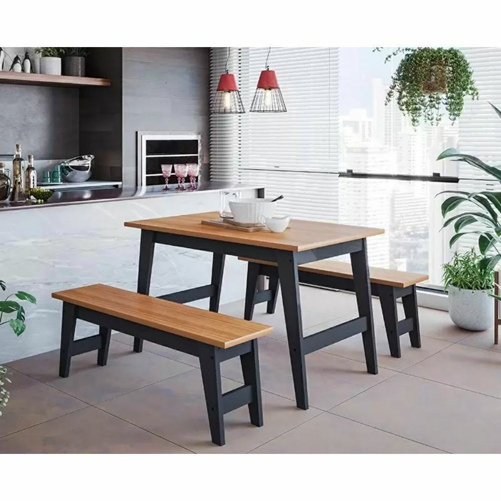 Mesa Com 2 Bancos em MDF Retangular 130x78 Cimol Aurora Chumbo/Nature Mesa Com 2 Bancos em MDF Retangular 130x78 Cimol Aurora Chumbo/Nature