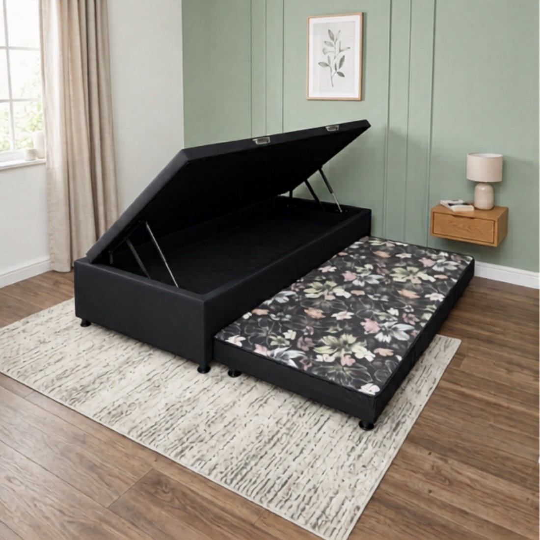 Base Bau com Cama Auxiliar Ortolike Courino Preto 88x188X43 Base Bau com Cama Auxiliar Ortolike Courino Preto 88x188X43
