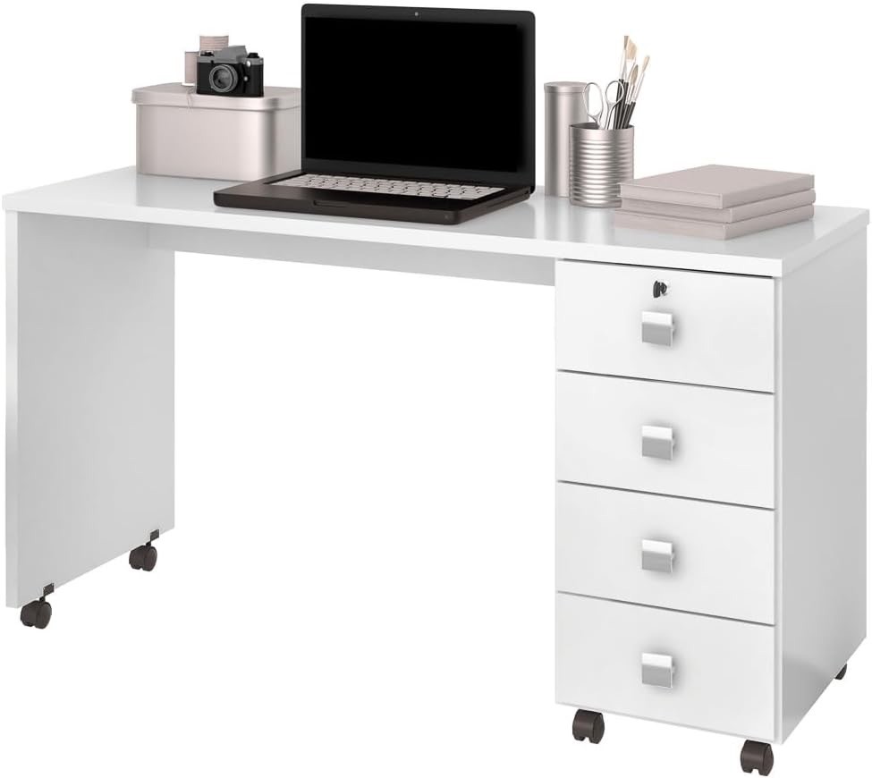 Escrivaninha Mesa Computador Lukaliam Dubai, 4 Gavetas, Rodízios, Branco Brilho Escrivaninha Mesa Computador Lukaliam Dubai, 4 Gavetas, Rodízios, Branco Brilho