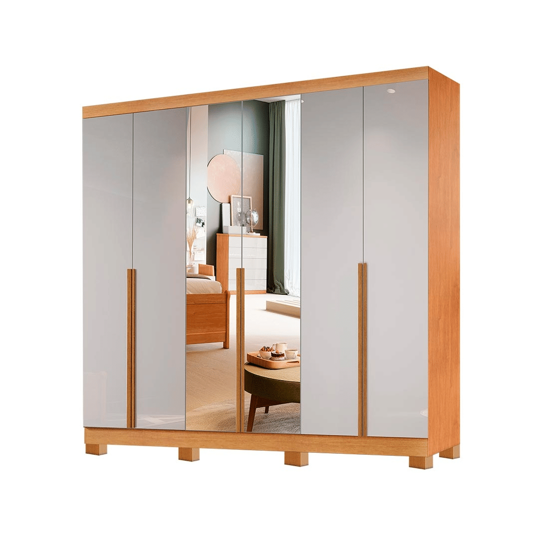 Guarda Roupa Casal Master 270 6 Portas, com Espelho, 100% MDF cor Nature/Off White - Bianchi Guarda Roupa Casal Master 270 6 Portas, com Espelho, 100% MDF cor Nature/Off White - Bianchi