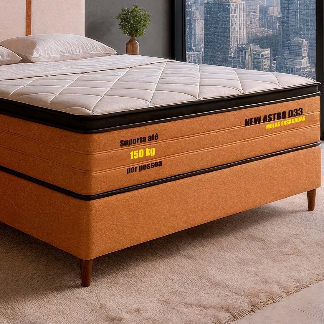 Conjunto Cama Box Casal New Astro 138cm Molas Ensacadas Pillow Top - Bom Pastor