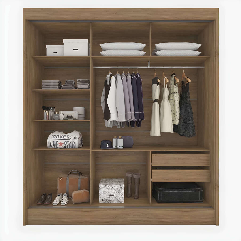 Guarda-Roupa Casal com Espelho 2 Portas de Correr Rodial Andros Nature/Off White  Guarda-Roupa Casal com Espelho 2 Portas de Correr Rodial Andros Nature/Off White