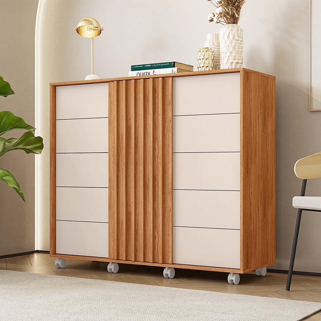 Cômoda Pegasus 2 Portas 5 Gavetas com Corrediças Telescópicas 136cm Caemmun- Freijo/Off White