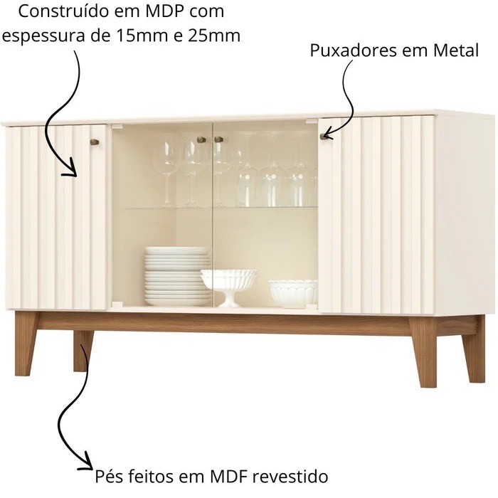 Buffet Aparador Eiffel 4 Portas Henn Off White/Nature - Ripado e Vidro Buffet Aparador Eiffel 4 Portas Henn Off White/Nature - Ripado e Vidro
