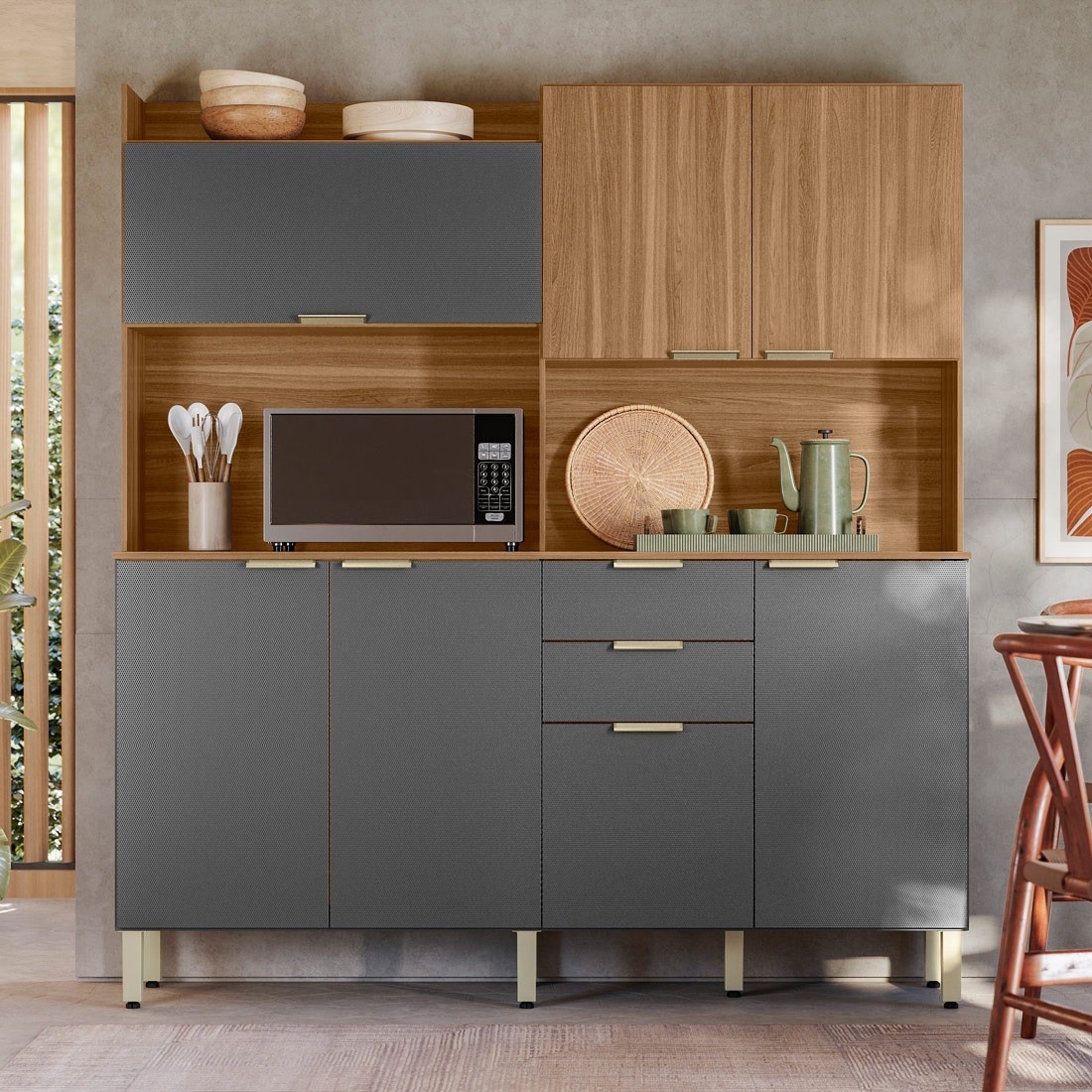 Kit Cozinha Compacta Pitaya 07 Portas e 2 Gavetas Demóbile - Amendoa/Grafito Texturado Kit Cozinha Compacta Pitaya 07 Portas e 2 Gavetas Demóbile - Amendoa/Grafito Texturado