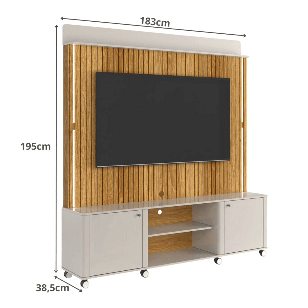 Estante Home Para TV 75 Polegadas com LED e Rodízios Lukaliam Florença Off White/Freijó Impressão 3D Estante Home Para TV 75 Polegadas com LED e Rodízios Lukaliam Florença Off White/Freijó Impressão 3D