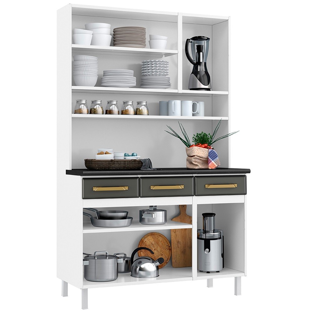 Kit Cozinha Telasul Diamante New 3 Gavetas 3 Portas com Vidro Branco 818210-01 Kit Cozinha Telasul Diamante New 3 Gavetas 3 Portas com Vidro Branco 818210-01