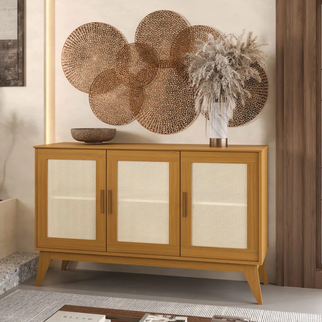 Buffet Aparador Andorra 3 Portas Tela Rattan Cedro/Cedro EDN