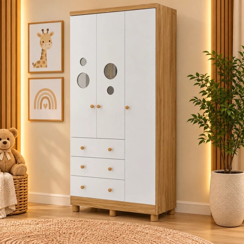 Guarda-roupa 3 Portas Abrir 100% MDF 3 Gavetas Peroba Duda Plus - Amêndoa/Branco Brilho