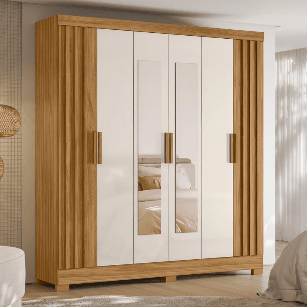 Guarda Roupa Casal Valênça 6 Portas Ripado com Espelho Freijo/Off White Moval Guarda Roupa Casal Valênça 6 Portas Ripado com Espelho Freijo/Off White Moval