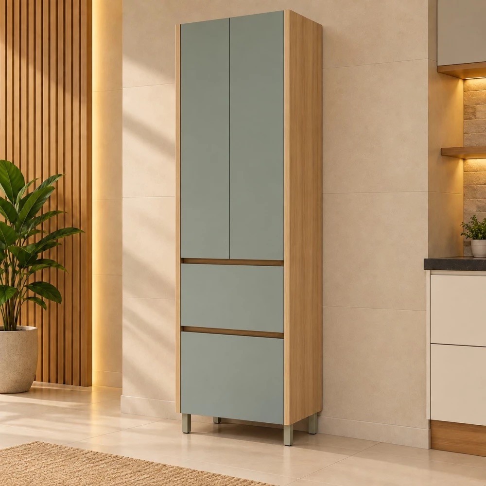 Paneleiro Nesher 2 Portas 2 Gavetas Rainha 70cm Naturale/Verde