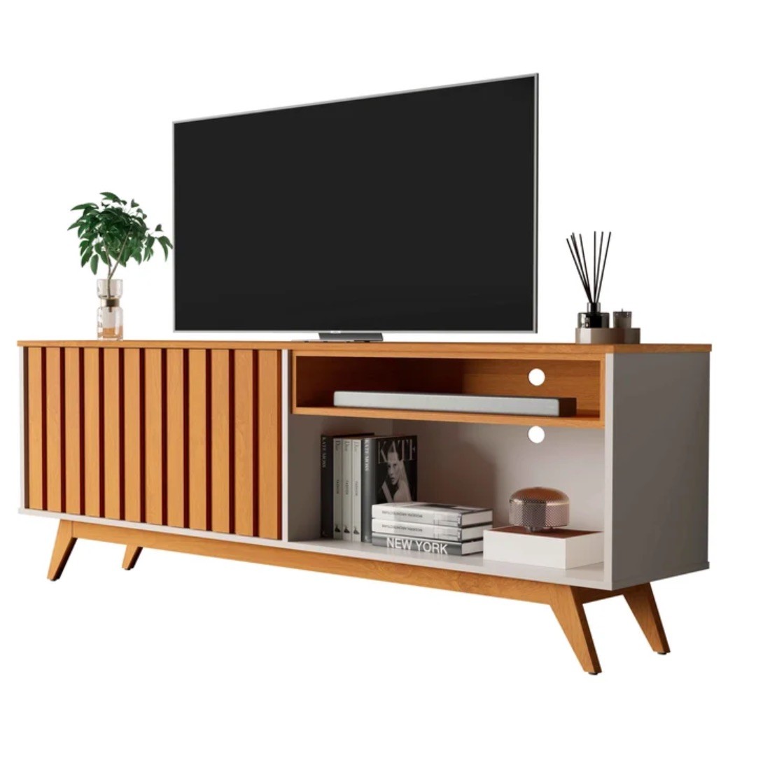 Rack Buriti Ripado para TV até 65 Polegadas 2 Portas Giga Móveis Off White/Nature 160cm Rack Buriti Ripado para TV até 65 Polegadas 2 Portas Giga Móveis Off White/Nature 160cm