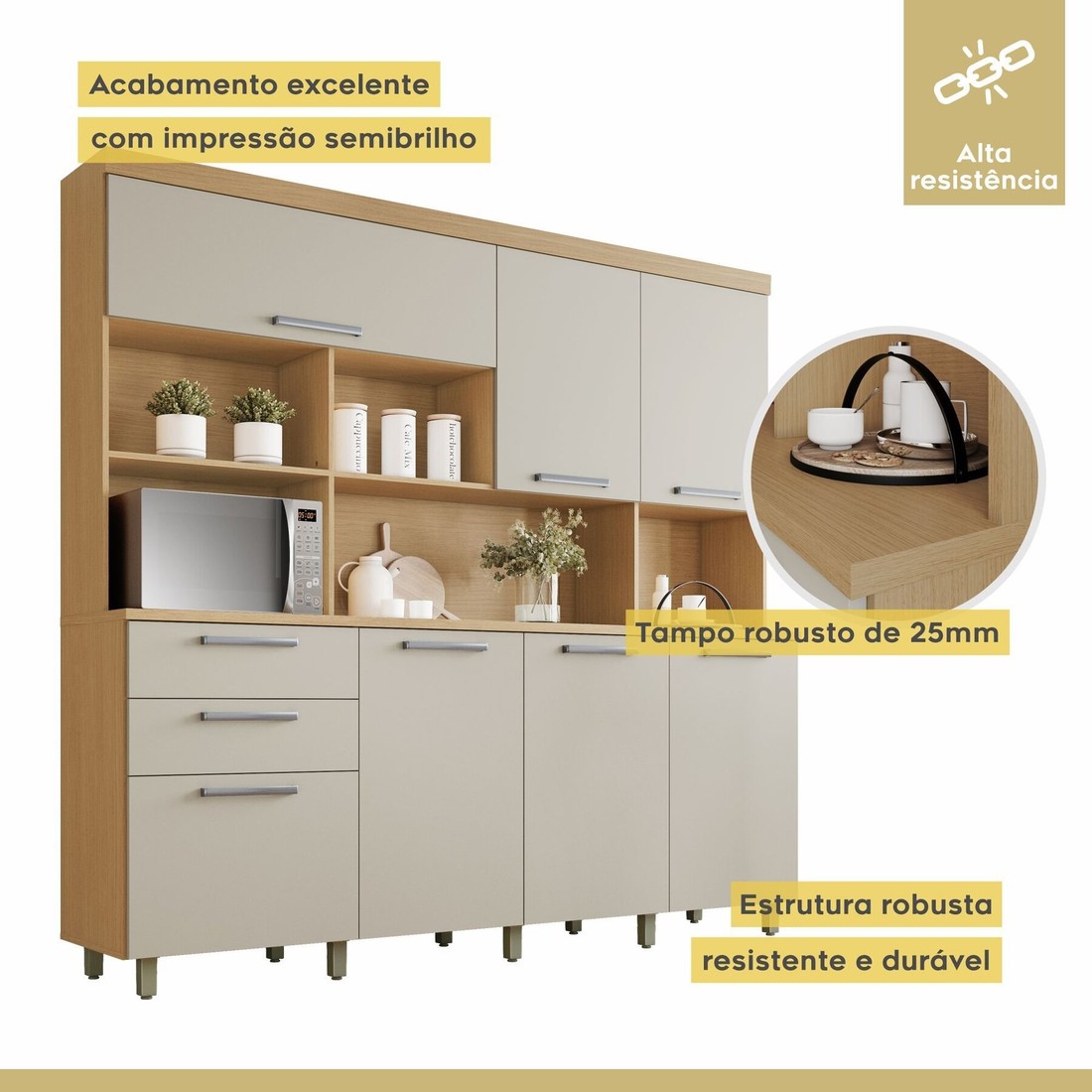 Kit Cozinha Compacta Nesher Nobreza 7 Portas 2 Gavetas 210cm – Carvalho/Greige Kit Cozinha Compacta Nesher Nobreza 7 Portas 2 Gavetas 210cm – Carvalho/Greige