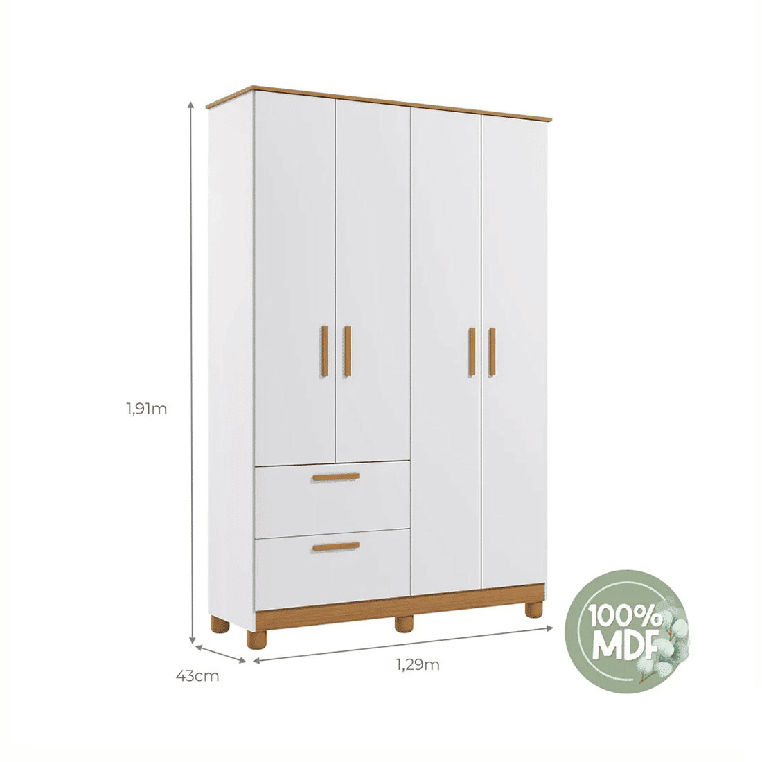 Guarda Roupa 4 Portas Infantil Jujuba 100% MDF Permóbili - Branco/Nature