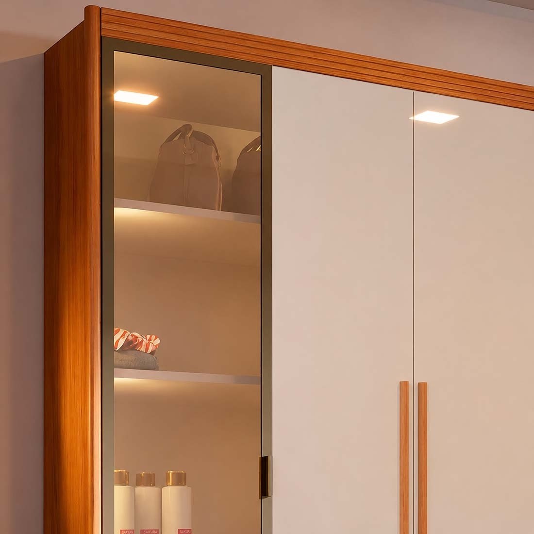 Guarda-roupa Casal Mary Reflecta com LED 6 Portas 238cm 100% MDF - Natural/Off White