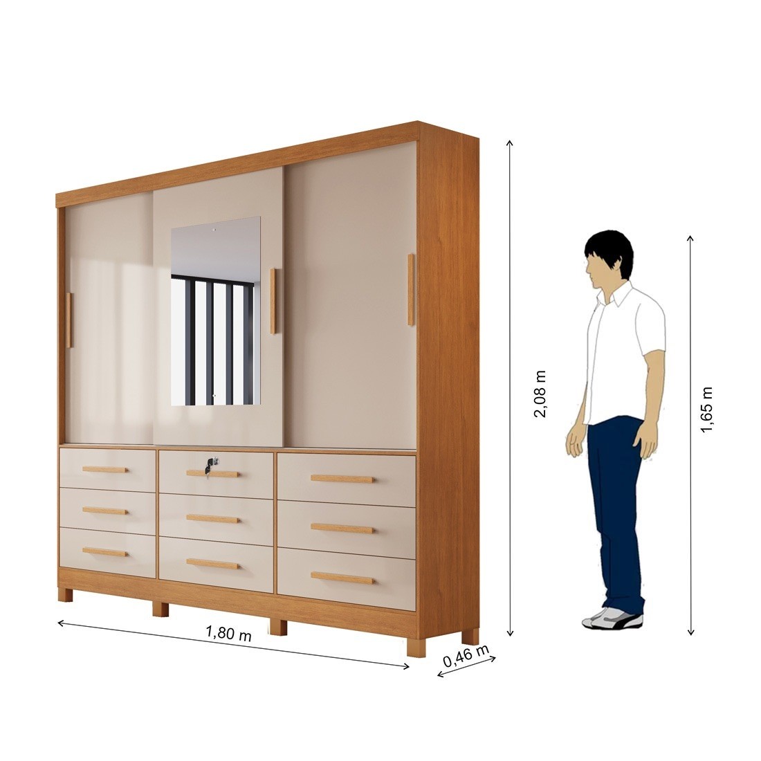 Guarda-Roupa Casal 100% MDF Athenas com Espelho 3 Portas 9 Gavetas Nature/Off White - Bianchi