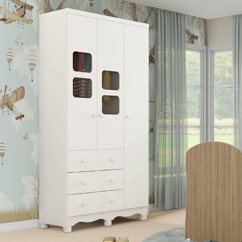 Guarda-Roupa Infantil em MDF 3 Portas Moveis Peroba Uli Branco Guarda-Roupa Infantil em MDF 3 Portas Moveis Peroba Uli Branco