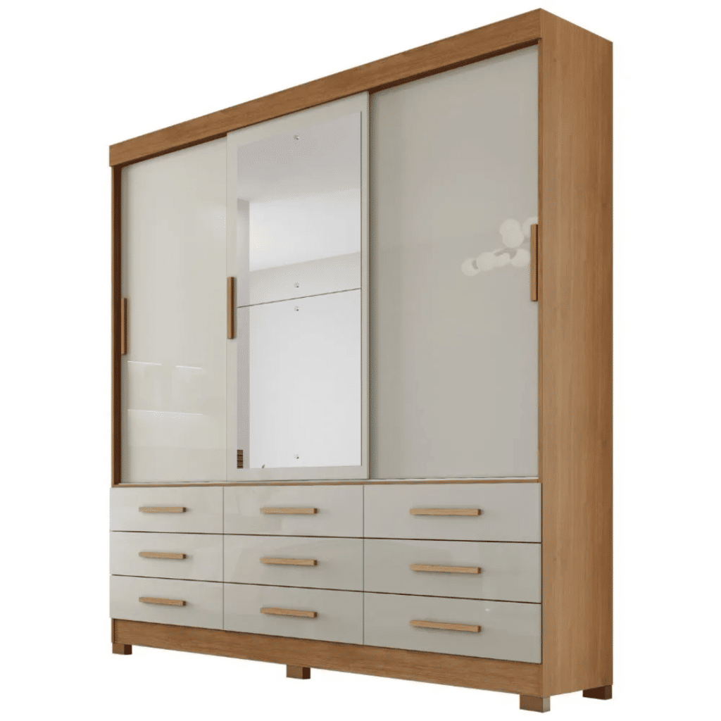 Guarda Roupa Casal com Espelho 3 Portas 9 Gavetas Buriti Cumaru/Fendi - Novo Horizonte Guarda Roupa Casal com Espelho 3 Portas 9 Gavetas Buriti Cumaru/Fendi - Novo Horizonte