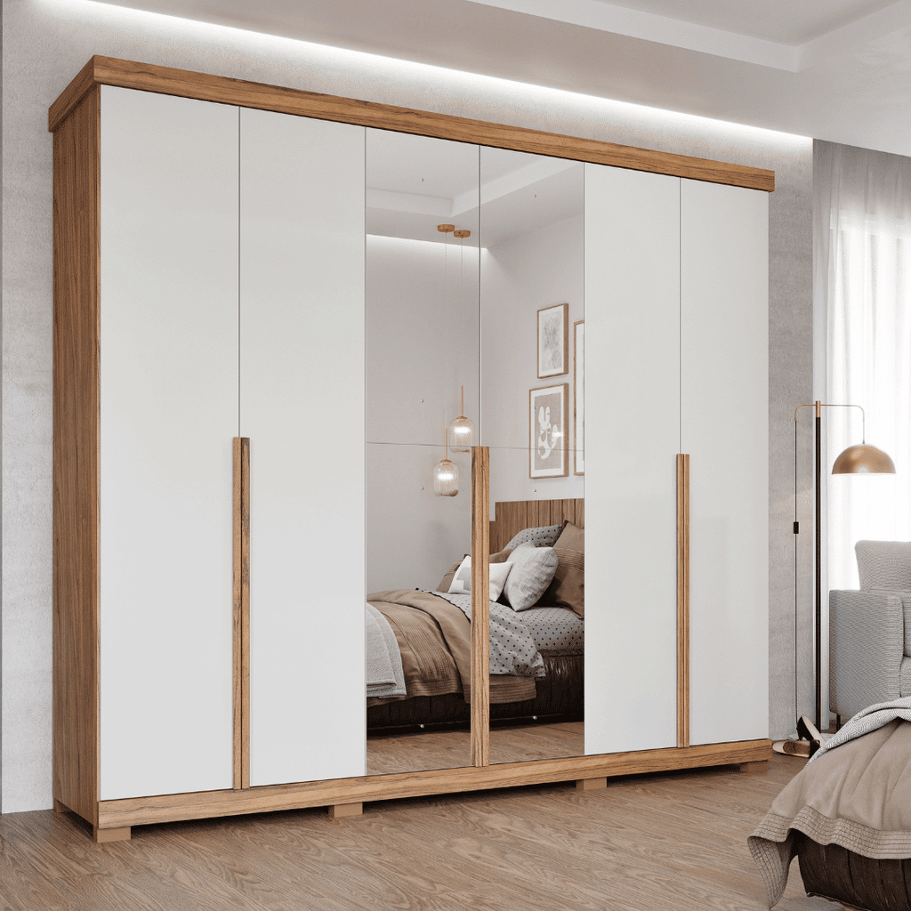 Guarda-Roupa Casal com Espelho 6 Portas em MDF Panan Móveis Guarapari Cinamomo/Off White Guarda-Roupa Casal com Espelho 6 Portas em MDF Panan Móveis Guarapari Cinamomo/Off White