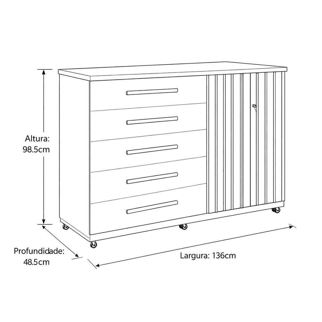 Cômoda Bella 5 Gavetas 2 Portas 136cm MDF com Rodízios - Cinamomo