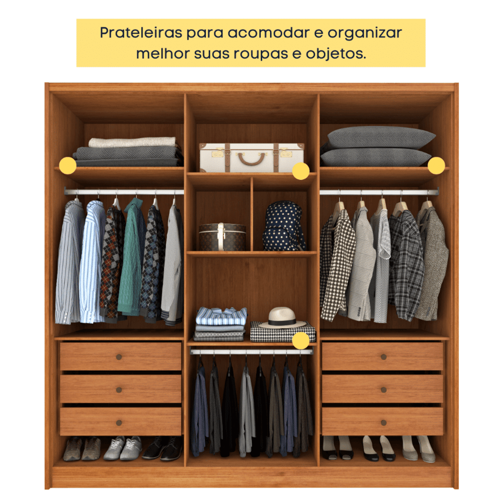 Guarda-Roupa Casal em MDF 6 Portas Tcil Móveis Fortuna C/ Pés Cinamomo/Off White Guarda-Roupa Casal em MDF 6 Portas Tcil Móveis Fortuna C/ Pés Cinamomo/Off White