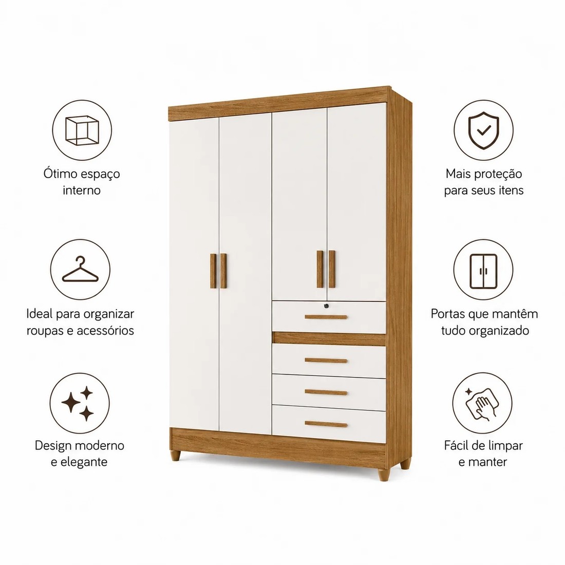 Guarda-roupa Sobral Solteiro 4 Portas 4 Gavetas com Chave Moval - Freijo/Off White