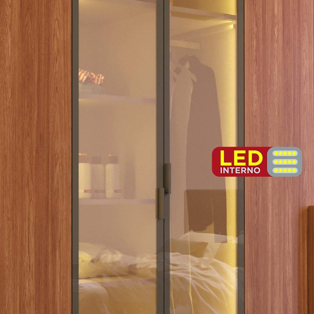 Guarda Roupa 6 Portas Modernita Reflecta com LED Duplex Casal Bom Pastor - Nogal