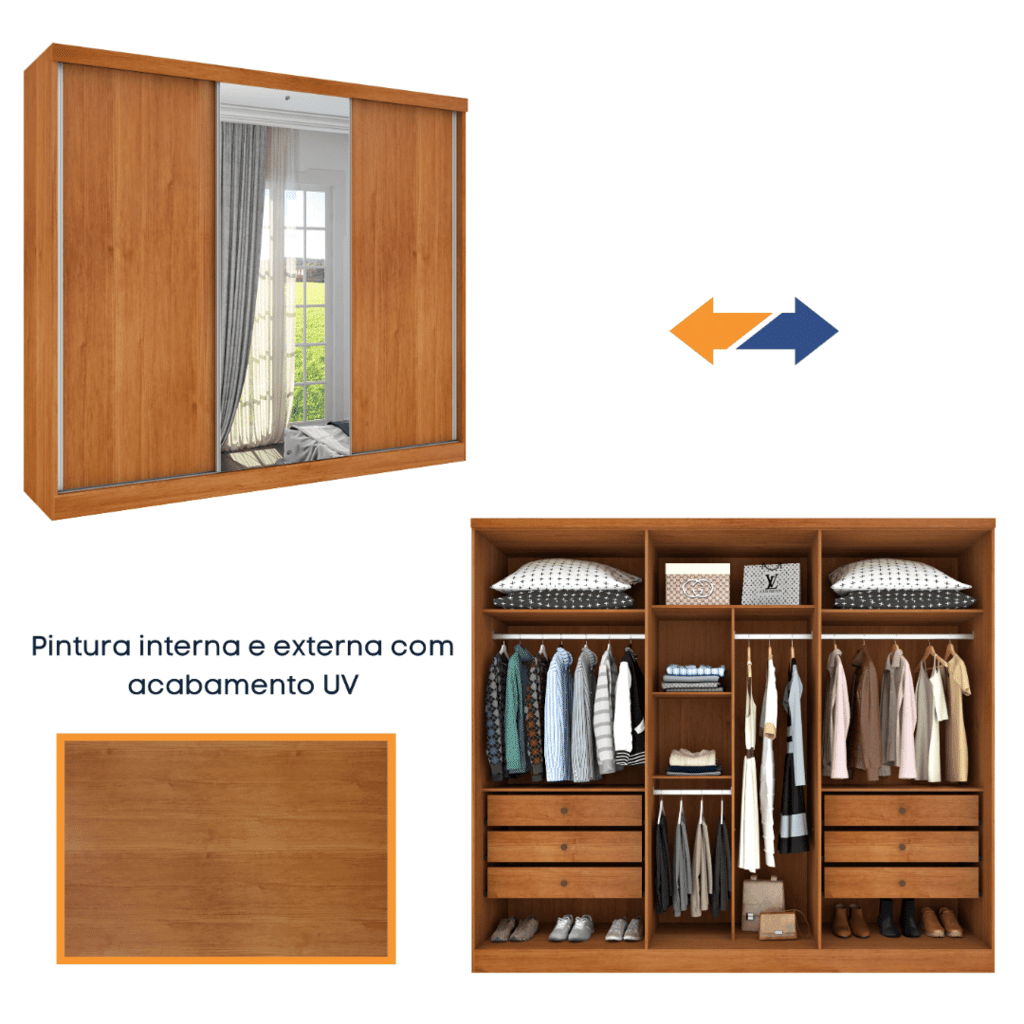 Guarda-Roupa Casal 100% MDF Com Espelho 3 Portas de Correr 6 Gavetas Tcil Móveis Milão Cinamomo/Off White Guarda-Roupa Casal 100% MDF Com Espelho 3 Portas de Correr 6 Gavetas Tcil Móveis Milão Cinamomo/Off White